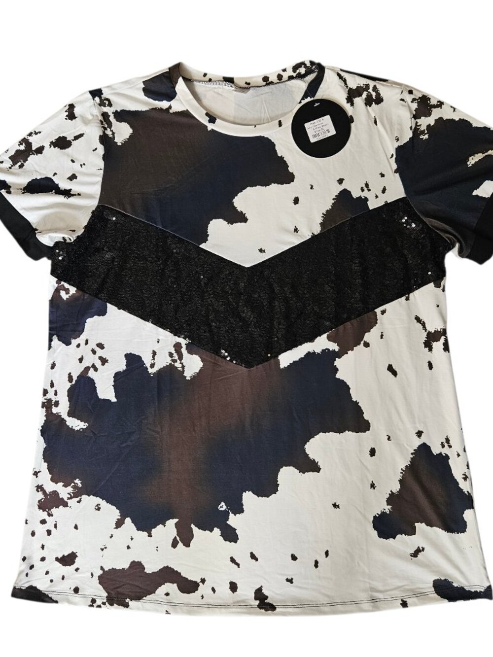 NWT Sunshine & Rodeos Shirt Women's XL Cow Print Sequins Short Sleeve Festival